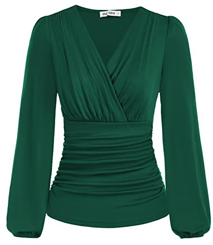 GRACE KARIN Women Long Sleeve Tops Wrap V-Neck Tunic Blouse Casual Tops Dark Green XL