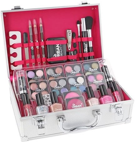 LOVE URBAN BEAUTY Veganes Glänzender Schminkkoffer - 60-teiliges Schmink- und Nagelset für Teenager - Elegante silberne Box - Kompaktes und leichtes Design - Reisefreundliches Schminkset für Frauen