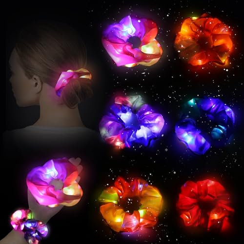 6 Stück LED Haargummis, Bunte Elastische Leuchtende Haarbänder mit 3 Licht Modi, Neon Satin Haarschmuck Haarbänder Leuchten im Dunkeln für Frauen Mädchen Kostümpartys, Karneval, Neujahr Party (A)