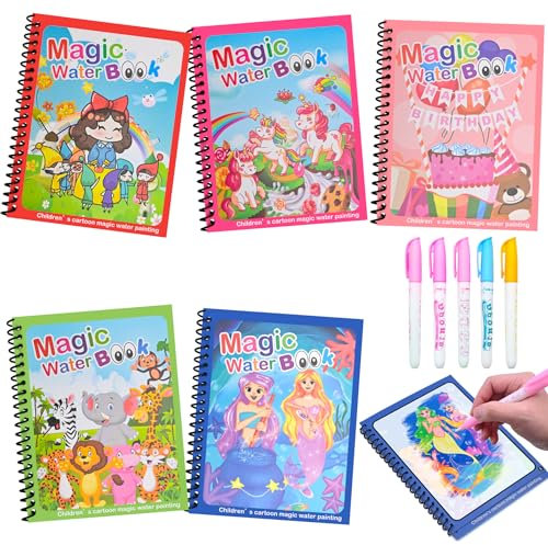 sprecenk 5 Stück Wassermalbuch, Magie Wasser Zeichnung Buch mit 5 Wasserstift, Wiederverwendbar Wassermalbücher Magisches Malbücher Set, 5 Thema Zaubermalbuch für Jungen Mädchen Alter 3 4 5 6 7 8, D