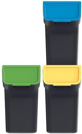 Keden Stackbox Recycling Sorting Waste Bin Set Separation Garbage Trash Can Colour Coded Stay-in-Place Lid (3, Black 20L)