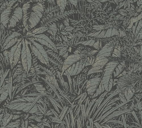 A.S. Création Smart Surfaces Florale Vliestapete mit Palmenblätter 10,05 m x 0,53 m - Grün, Schwarz, Silber - Tapete mit Blättermotiv Made in Germany - 395604