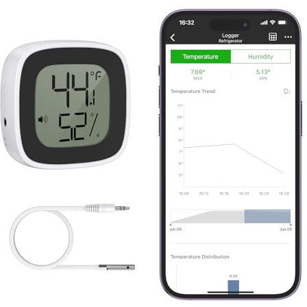 Brifit Thermomètre Frigo Bluetooth, Thermometre Réfrigérateur avec Sonde, Thermomètre Hygromètre Bluetooth, Thermomètre Numérique pour Congélateur avec APP, Stockage de Données pour Maison, Aquarium