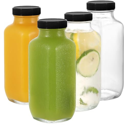 LIMILI Glass Bottles with Lids, 4 pcs Glass Juice Bottles 500ml, Reusable Wide Mouth Glass Bottles with Lids, Clear Glass Juice Bottles for Milk, Hot Cold Drinks, Homemade Beverages