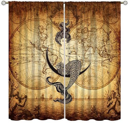 AAVEUP Piratenkarten-Dekor-Vorhänge für Jungen, Retro-Weltschatz, nautische Karte, Meerjungfrauen-Piraten, Fenstervorhänge, Druck für Kinder, Jugendzimmer, Wohnzimmer, Badezimmer, 106,7 x 114,3 cm