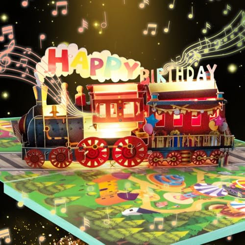 CNLITIHEKA Musical Zug Geburtstagskarten, 3D Lichter und Musik Pop Up Geburtstagskarte, Happy Birthday Card, lustige Zug Geburtstag Geschenk, für Sohn Tochter Jungen Mädchen Kinder Freunde.
