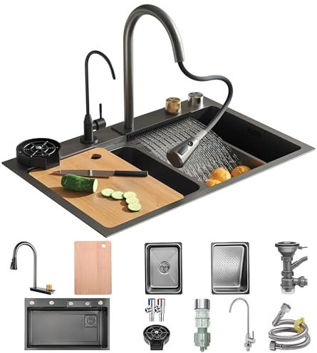 80x50cm Fregadero De Cocina En Cascada Fregadero De Cocina De Acero Inoxidable De Un Solo Tazón Fregadero De Estación De Trabajo Con Grifo ExtraíBle 3 En 1 Y Juego Completo De Accesorios