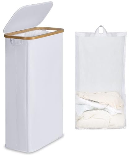 efluky Cesto Ropa Sucia con Tapa 63L, Cesta Ropa Sucia Estrecho de Bambú, Cesta de Almacenamiento, Cubo Ropa Sucia Pequeño Plegable para Baño, Dormitorio, Lavadero, Blanco