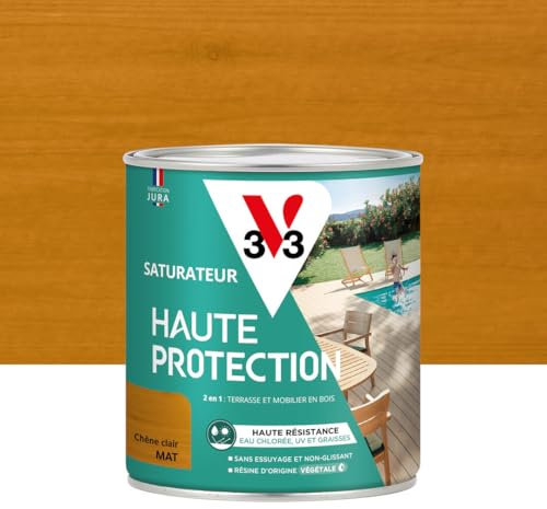 V33 Saturateur Bois extérieur Chene clair mat - Pour terrasses et mobilier de jardin - Haute résistance eau chlorée, UV et graisse - Sans essuyage et non glissant - Résine d'origine végétale - 0,75L