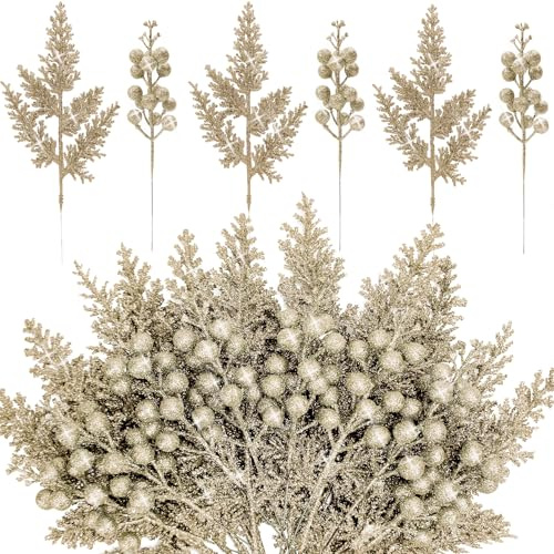 KKSTY 24 Pieces Christmas Tree Decorations - 12pcs Artificial Glitter Berries Stems and 12pcs Glitter Leaves for Christmas Tree Decor Wreath Making Vase Filler DIY Crafts (Champagne)