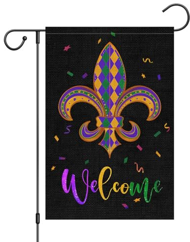 Flag Mardi Gras Fleur De Lis Willkommen In New Orleans Flaggen Waschbar Gartenfahne Doppelseitige Deko-Flagge Für Außen Balkon Partys 30X45Cm
