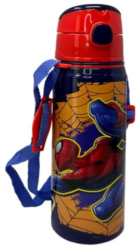 CARTOON Borraccia in alluminio con cannuccia 600 ml bottiglia con apertura automatica per bambini (Spiderman (1))