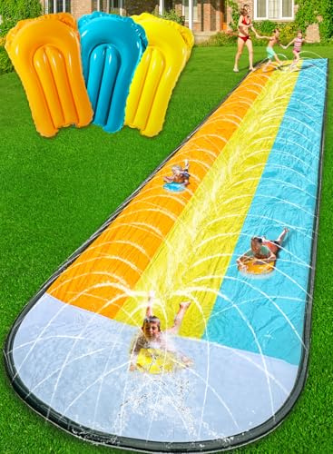 BesFlow Slip and Water Slip，Water Slide for Kids Backyard 22ft*3 Lane Color-Block,Surrounding Sprinkler Summer Toys for Kids Outdoor with 3 Bodyboards