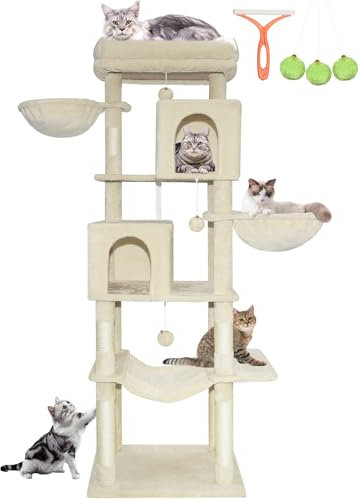 LEEJARD Kratzbaum Groß, XXL Katzenbaum, 180cm Hoch mit Große Plattformen, 5 Kratzsäulen, 2 Höhle, 2 Korb, Plüschbälle, Hängematte, Katzenbürsten und Kippschutz