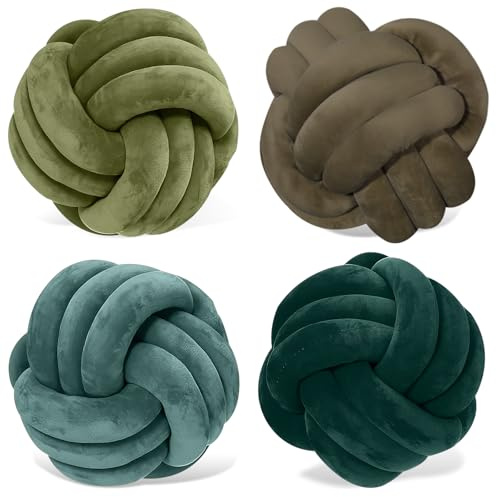Yerliker 4 Pcs Knot Pillow Ball, 8.7 Inches Soft Home Decorative Round Throw Pillow Handmade Knotted Plush Accent Cushion Gifts for Nursery Decor Home Bed Sofa Bedroom Decoration(Green Series)