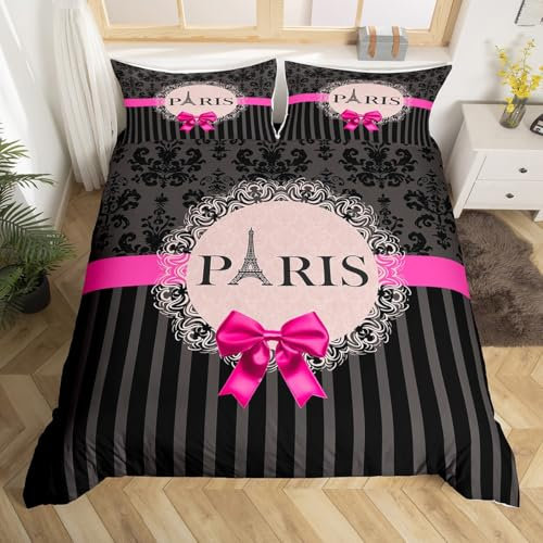 Homemissing Paris Parure de Lit Tour Eiffel imprimé Housse de Couette 200x200cm Noir Gris Rayé Ensemble de Literie Rose Bow Decor Literie Set Vintage Gothique Literie Set Fille Adolescents