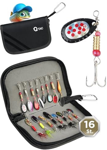 Q-Tac Spinner Set - 16 x Spinner Angeln (Größe 2 & 3) Spinnerset mit praktischer Tasche - Angelzubehör Forellen Angeln, Angelset für Forellen, Barsch und andere Raubfische