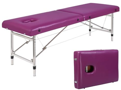 MBBTAG Massageliege 2 Zonen Massagetisch Kosmetikliege mit Griff Massagetisch Tragbar Metallrahmen Therapieliege HöHenverstellbare Massagebank Massageliege Klappbar, für Spa, Salon, Tattoo(Lila)