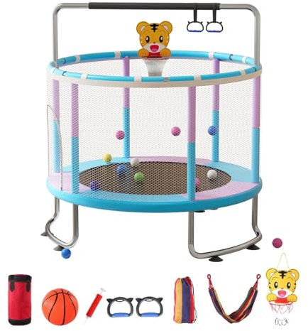 Rutaqian 5FT Kids Trampoline with Basketball Hoop & Swing – Adjustable Toddler Trampoline with Enclosure Net, Ocean Balls & Sandbags, 440lbs Capacity Indoor/Outdoor Trampoline (Blue Purple, 150CM)