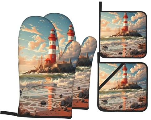 Lighthouse Ocean Ofenhandschuhe und Topflappen, hitzebeständig, maritimes Design, Ofenhandschuhe und heiße Pads zum Backen, Kochen, Grillen, 4 Stück