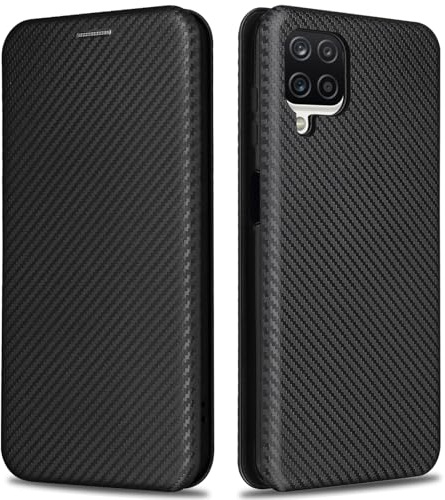 KOGENG Handyhülle für Samsung Galaxy A12 Hülle mit Wallet Kartenfach RFID-Blockierung, Carbon Fiber Textur Magnetisch Klapphülle Schutzhülle für Samsung A12 Case Cover (Schwarz)