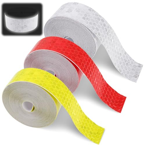 3 Rollen Selbstklebend Reflektor Klebeband,Rot Gelb Weiß,2cm × 5m Reflective Tape Zuschneidbar,Hohe Intensität Reflektierendes Klebebands,Wasserdicht Reflektoren Klebeband für Fahrrad,Helme,Kleidung