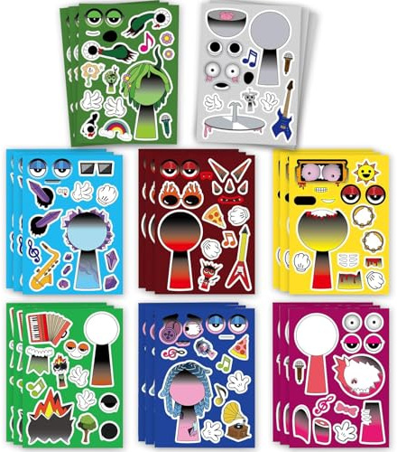 Sprunki Make Your Own Face Stickers for Kids - 24 Sheets Reusable Cartoon Stickers, Classroom Crafts & Party Favours (24pcs Body+Facial Stickers)
