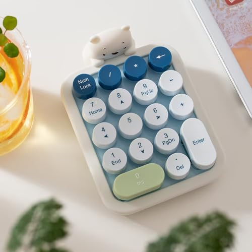 TISHLED Cute Wireless Numpad with Detachable Silicone Bear Case, 18-Key Round Keycaps Membrane Number Keyboard, Ergonomic Portable Numeric Keypad for Laptop/PC/Win/Mac, AAA Battery Included, Blue