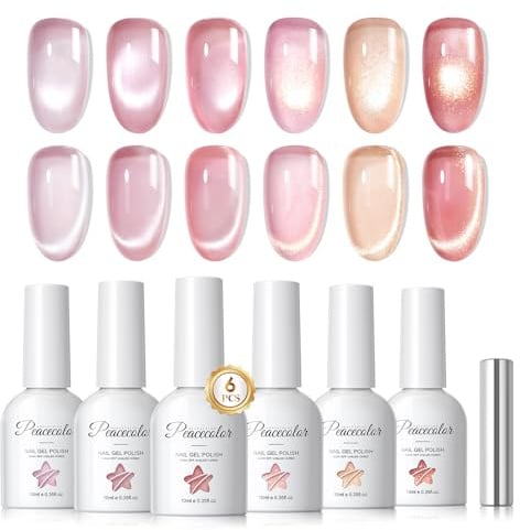 PEACECOLOR Pintauñas Semipermanentes 10ML 6 Colores Ojo de Gato | Jelly Cristal Rosa Cat Eye Gel Polish Set con Imán Esmaltes Semipermanentes para Uñas Nail Art Set Manicura Regalos