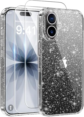 AROYI 3-in-1 Klar Glitzer Hülle für iPhone 17 mit 2 HD Schutzfolien, Vergilbungsbeständig, Stoßfeste und Kratzfeste Schutzhülle, Dünne Weiche TPU Handyhülle für Frauen, Titan Grau