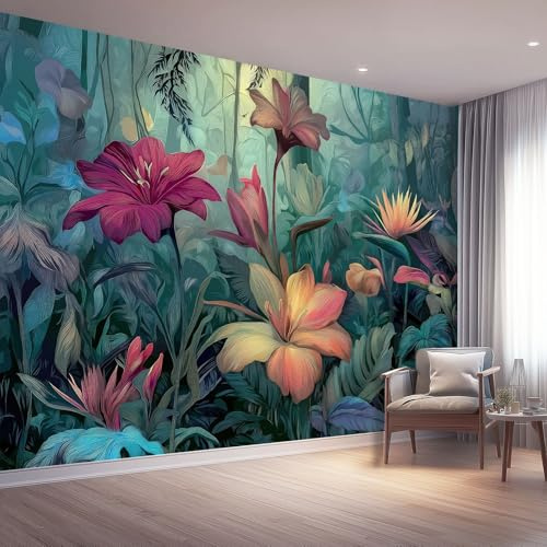 400 x 280 cm (W x H) Photo Wallpaper - Wall Mural Poster Dark Green Indoor Large Wallpaper for Children's Room Home Living Room Kitchen, Tropical Fantasy Jungle Floral Tv Backdrop