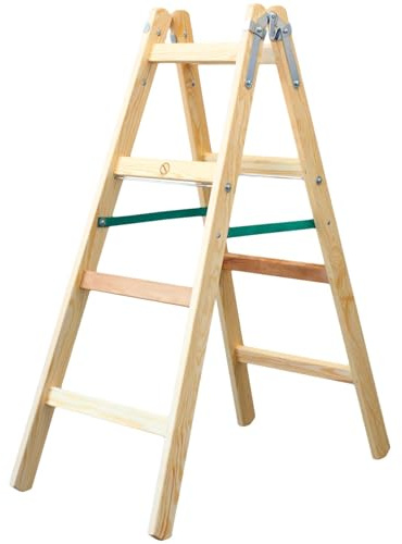 Klappleiter Holzleiter zweiseitig 2x4 Stufen Premium stabile Haushaltsleiter Malerleiter klappbar mit Eimerhaken