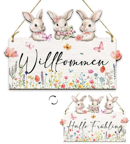 Türschild Ostern Frühling Deko aus Holz – Beidseitig bedrucktes Frühlings Türschild mit „Willkommen“ & „Hallo Frühling“ – Osterdeko & Frühlingsdeko für Haustür, Eingang & Wohnzimmer