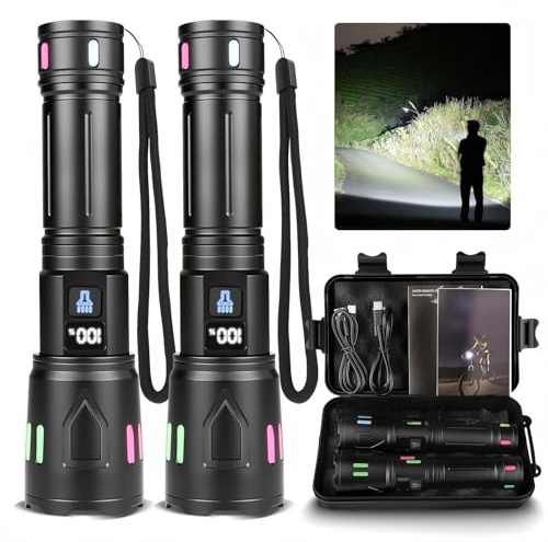 Taschenlampe LED Aufladbar 2-Stück | Taschenlampe Extrem Hell, Taktische Taschenlampe Batteriebetrieben, Akku Taschenlampen USB C, Starke Taschenlampen Wasserdicht 3 Modi Zoombar für Outdoor NotfäLle