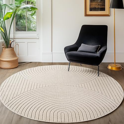 SIMPEX Kurzflor Teppich Rund 200 cm Creme, 3D Hoch Tief Effekt, Skandinavischer Boho Teppich für Wohnzimmer Esszimmer, Balkon Terrasse Outdoor geeignet