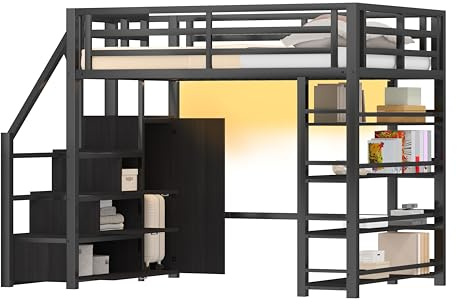 SOFTWEARY Hochbett mit Kleiderschrank, LED-Streifen, Rausfallschutz und Regal, 140x200cm, Treppe mit Schränken, Kinderbett, Metallbett
