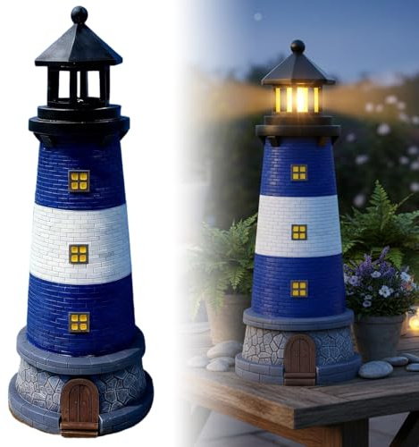 Bemonew Leuchtturm Solarleuchte Solar Leuchtturm, Automatisch Drehbar Wasserdicht Außen für Hof, Terrasse, Boden, Tischdekoration, Blau