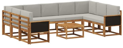vidaXL Outdoor-Sofagarnitur mit Kissen 10 pcs Natürlich und Hellgrau, Akazien-Sofa-Set, modernes Outdoor-Sofa, Robustes Gartenmöbel, wetterfest, umbaubar und gemütlich