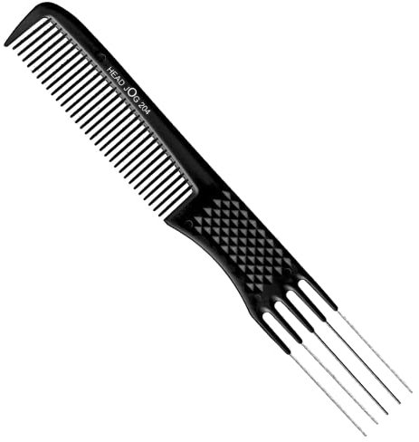 Head Jog 204 Black Metal 4 Pin Tail Comb. Lift Teasing Comb. Heat Resistant Barber and Salon Comb with Sectioning Tool. Fine Tooth Brush For Styling, Back Combing, Sectioning & Highlighting.