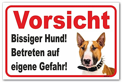 AdriLeo Schild - Vorsicht Bullterrier - Bissiger Hund - (20x30cm) / Hellbraun/weiß - Achtung Wachhund robust langlebig UV-beständig wetterfestes Warnschild