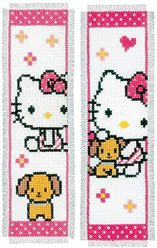VERVACO Lesezeichen Kreuzstich Stickpackungen Gezählter Kreuzstich Hello Kitty mit Hund 2er DIY Set Erwachsene Sticken Lesen Zubehör Geschenk Zählmusterpackung ca. 6 x 20 cm Stickset für Anfänger