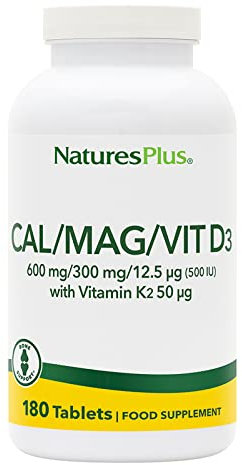 NaturesPlus Cal/Mag/VIT D3 with K2 - Bone Health Supplement with Calcium, Magnesium, Vitamin D3, K2 - Vegetarian, Gluten Free - 180 Tablets