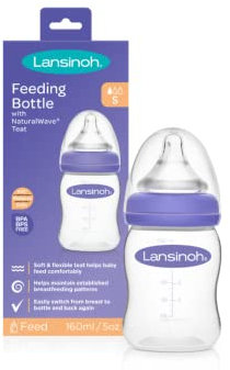 Lansinoh Anti Colic Baby Bottle 160ml - NaturalWave® Medium Flow Teats - Reduces Nipple Confusion + Stackable Lid Breast Milk Storage Bottles - BPA & BPS-free Breastfeeding Bottle Feeding Baby Bottles