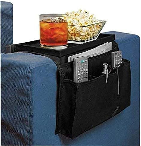 JINTN Modern Black Sofa Caddy Armchair Organiser with 6 Pockets, Cup Holder & Remote Control Organizer