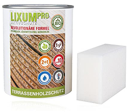 LIXUM Biologischer Holzschutz Terassenholzschutz, Gebindegröße:3000 ml (ca.90m²), Farbe:Dunkelbraun, inkl. Zubehör:Schwamm