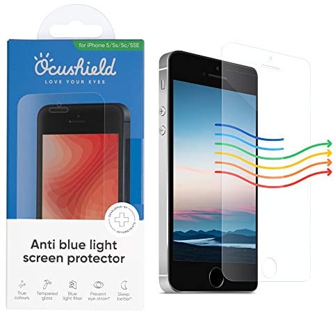 Ocushield Blaulicht Displayschutz fuer iPhone 5 | 5S | 5C | 5SE | Passt fuer 4,0 Zoll Display. 9H Panzerglas blockiert UV und Blaulicht. Entwickelt von Optikern in Grossbritannien.