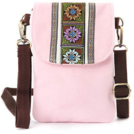 Vintage bestickte Canvas Kleine Flip Crossbody Tasche Handytasche für Frauen Handgelenk börse Münzbörse (Pink 05)