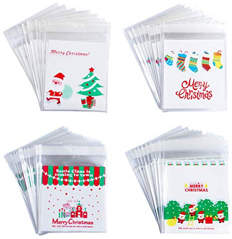 VIDILLO 400 Stück Süßigkeiten Taschen Weihnachten Klare Cellophan Taschen Transparent Kekstüten Gebäcktüten Klebemittel Weihnachtstüten Geschenktüte, Selbstklebend OPP Tütchen Verpackungs (Stocking)