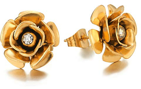 Colore Oro Rosa Fiore Orecchini con Zirconi da Donna, Orecchini a Lobo, Acciaio Inossidabile, Squisiti