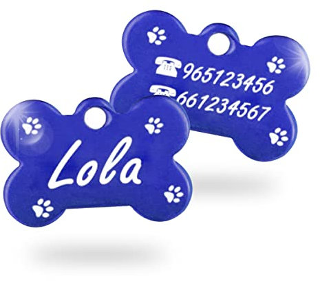 Ibera Gifts - Chapa Perro Grabada en Forma de Hueso, Placa Perro Personalizada para Perros y Gatos Muy Pequeños o Cachorros, Tamaño 22 x 15 mm, Chapa Identificativa Perro y Gato (Patas - Azul)